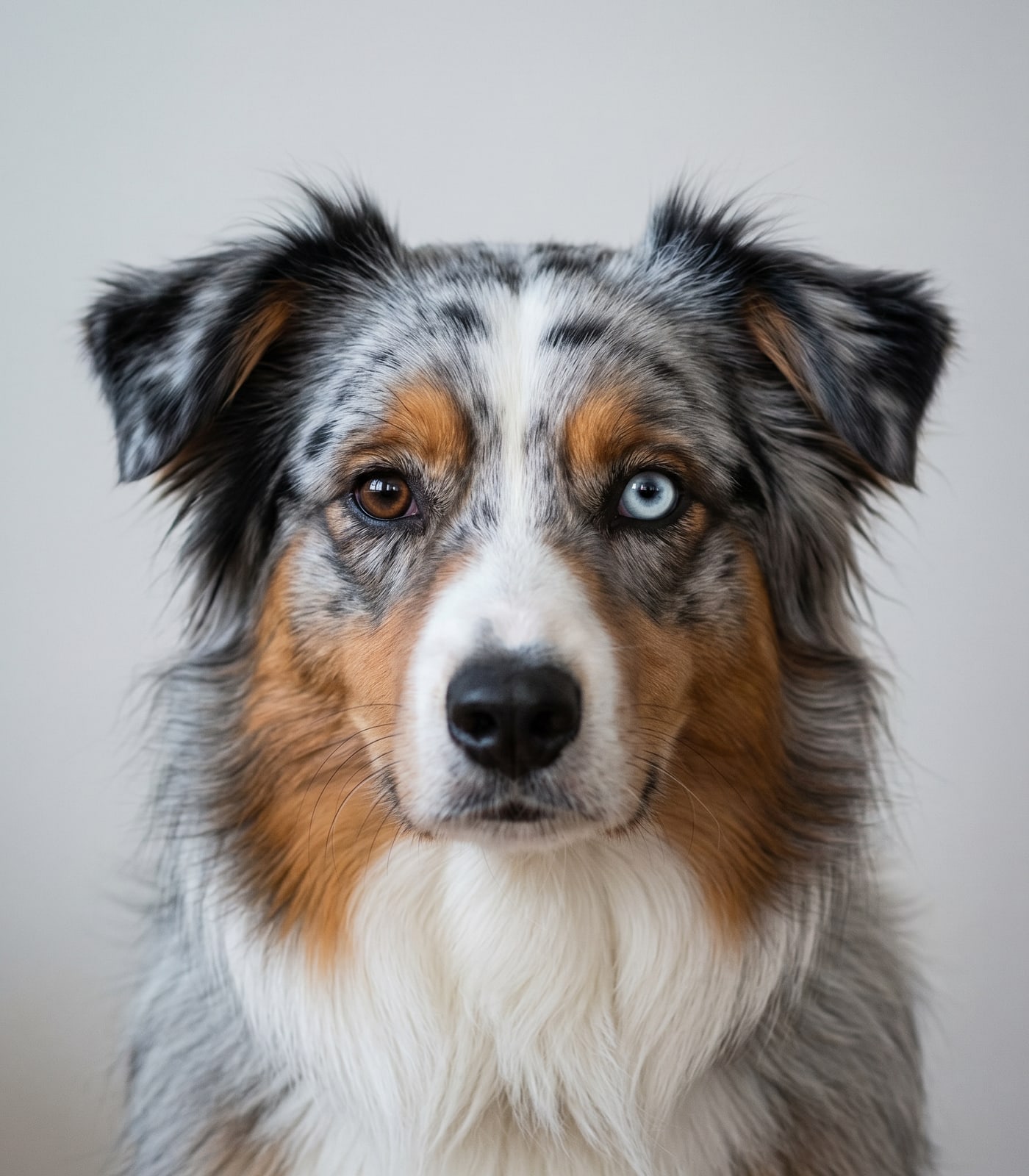 Un berger australien noir et blanc assis dans un couloir de maison, museau levé vers une porte entrouverte, lumière douce de fin d'après-midi venant d'une fenêtre latérale, cadrage à hauteur de chien.