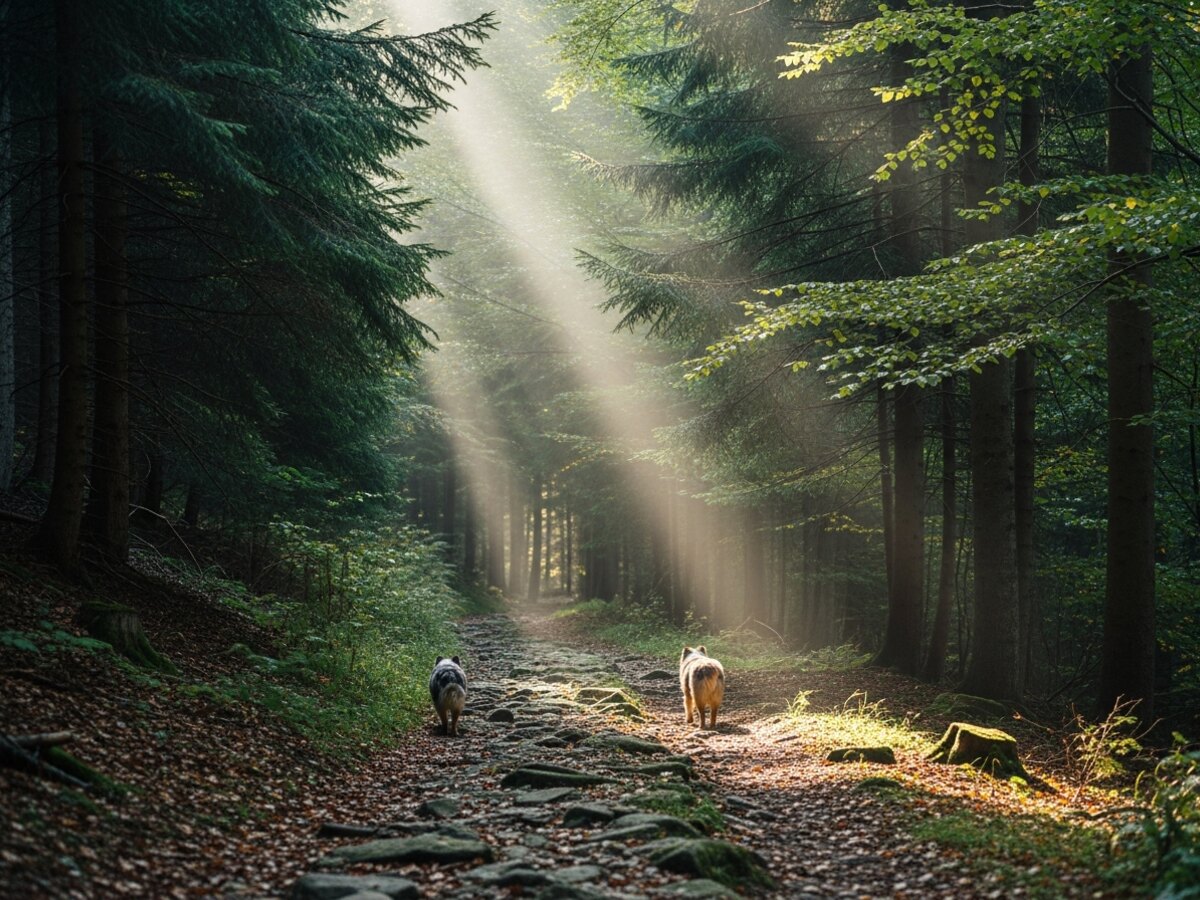 Berger australien promené en forêt, en pleine activité