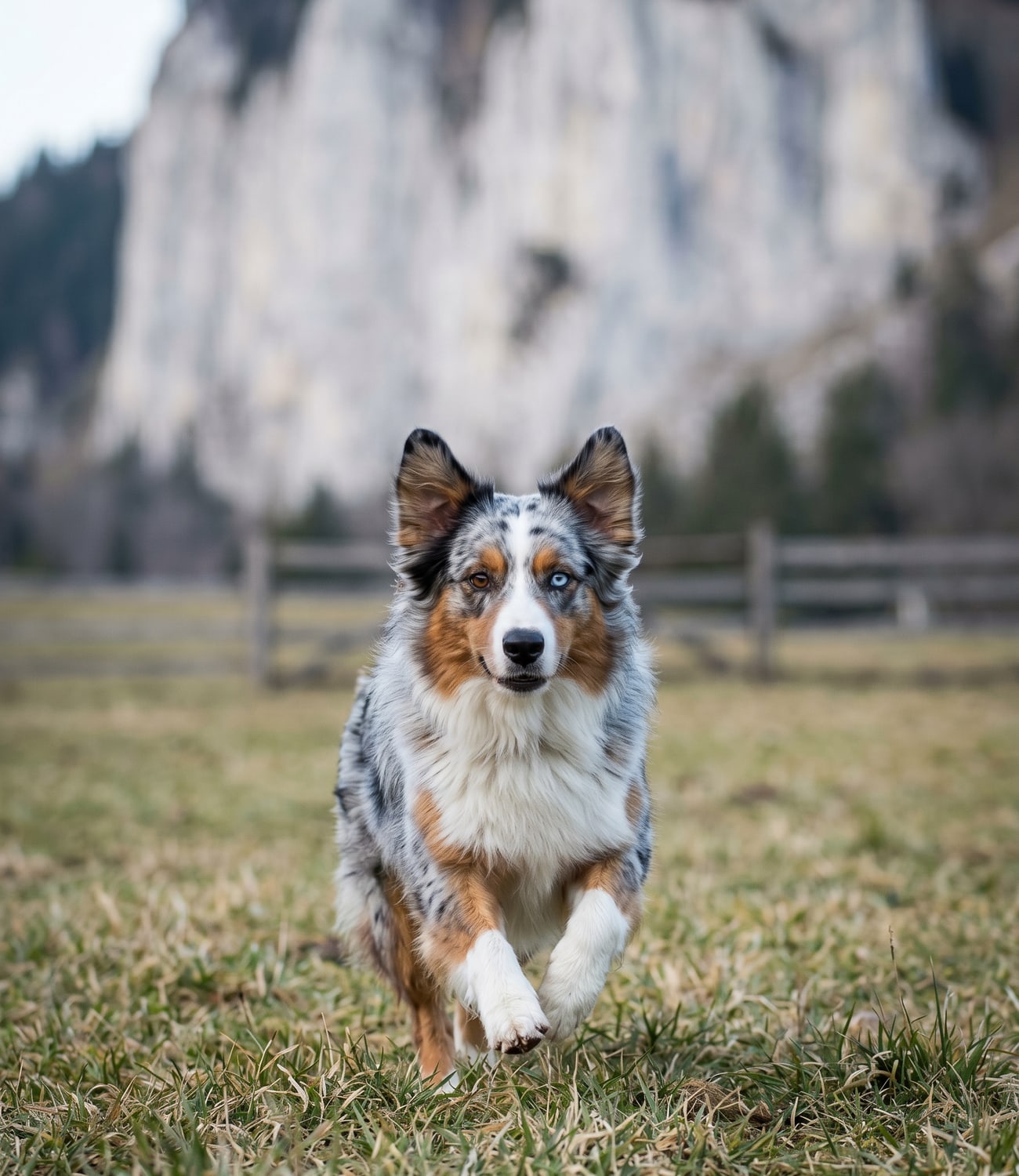 Berger australien bleu merle en train de courir dans une prairie