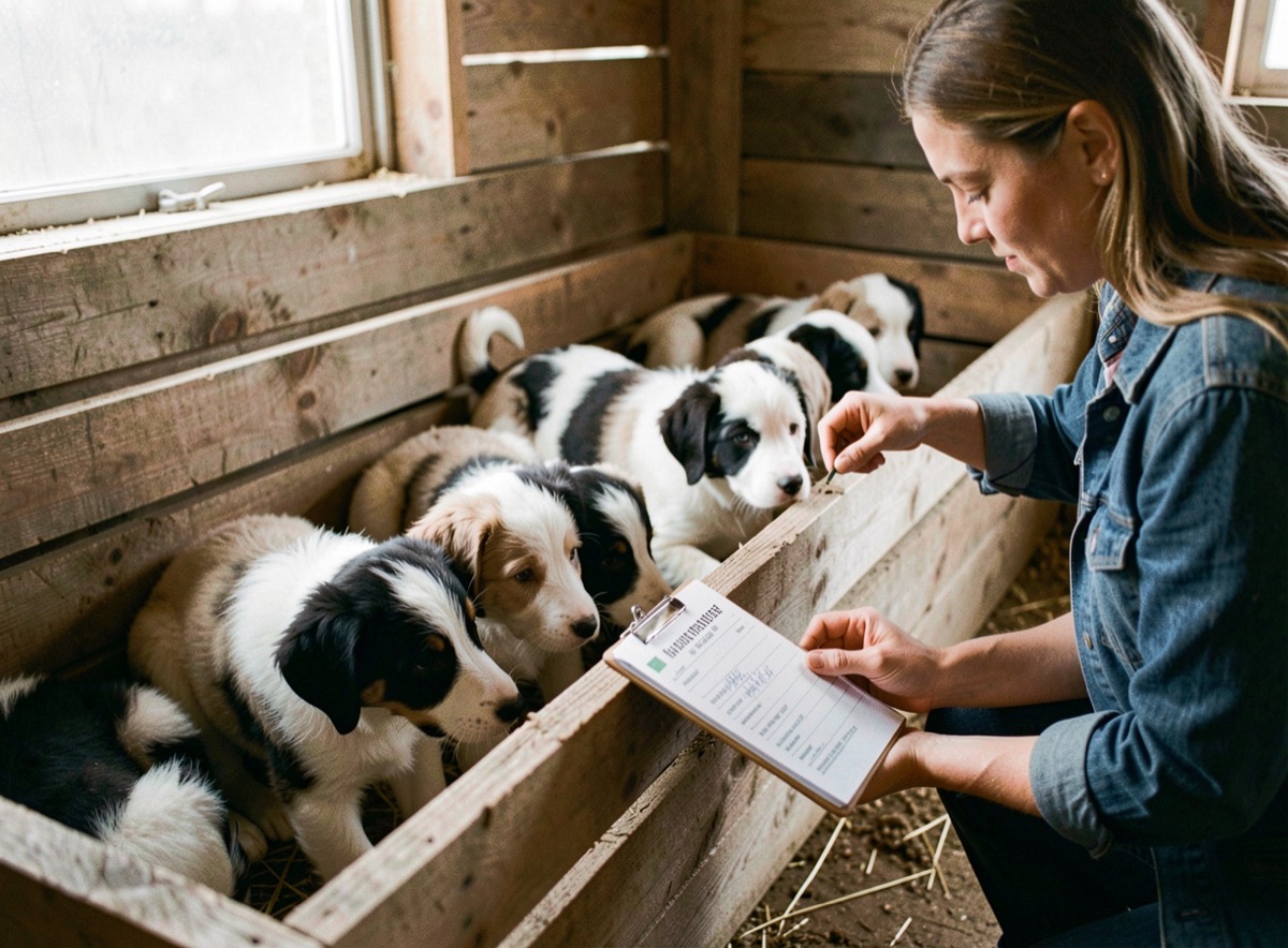 Chiots berger australien dans un box d’élevage propre pendant qu’une éleveuse vérifie un registre de portée