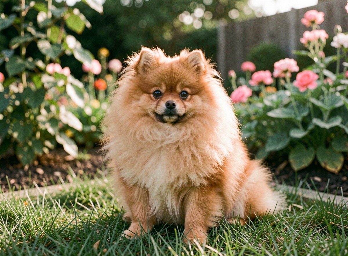 Spitz nain poméranien à la fourrure rousse assis dans un jardin en fin d’après-midi